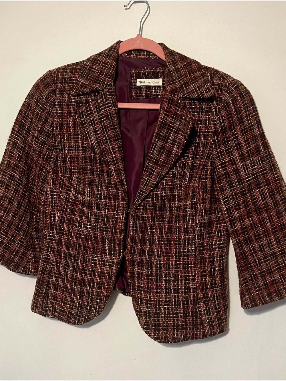 Coldwater Creek Burgundy Multi Tweed Cropped Blazer Jacket